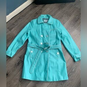 Teal Blue Trimmed in White Leather Trench Coat